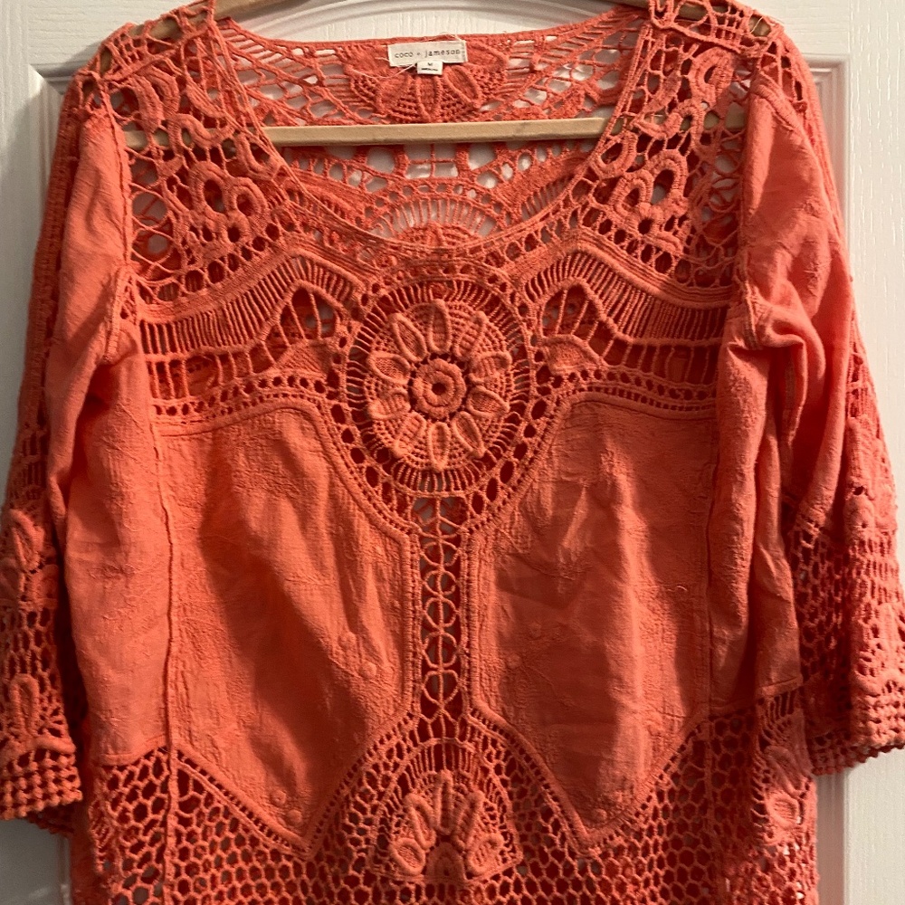Coco & Jameson Light Coral (Peach Color) Crochet Top Size M